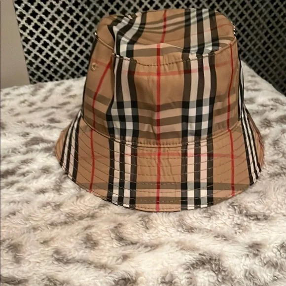Burberry Tan and Red Plaid Bucket Hat Authentic Burberry Bucket Hat Wool Leather Trim Mega Nova  main image 4